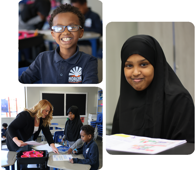 Collage showcasing various student activities including academics, science, and hands-on projects.